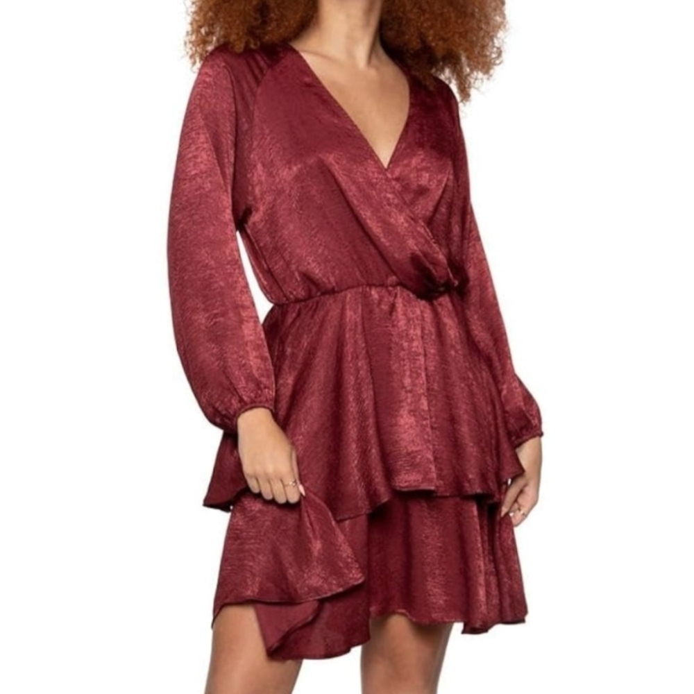 Black Tape_ Sangria Wine Red Tiered Satin Faux Wrap Dress Size XS